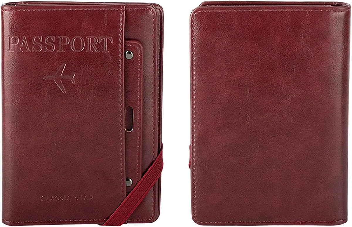 Genuine Leather Passport Holder Cover - RFID Blocking Travel Wallet & Passport Case with Pen Holder, Dual SIM Card Slots & Boarding Pass Pocket for Men & Women,Family Travel Essentials, Retro Style