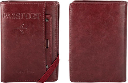 Genuine Leather Passport Holder Cover - RFID Blocking Travel Wallet & Passport Case with Pen Holder, Dual SIM Card Slots & Boarding Pass Pocket for Men & Women,Family Travel Essentials, Retro Style