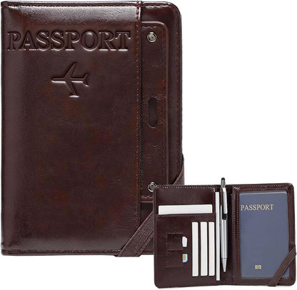 Genuine Leather Passport Holder Cover - RFID Blocking Travel Wallet & Passport Case with Pen Holder, Dual SIM Card Slots & Boarding Pass Pocket for Men & Women,Family Travel Essentials, Retro Style