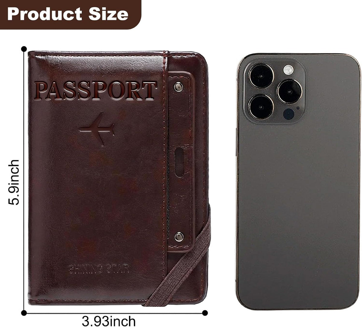 Genuine Leather Passport Holder Cover - RFID Blocking Travel Wallet & Passport Case with Pen Holder, Dual SIM Card Slots & Boarding Pass Pocket for Men & Women,Family Travel Essentials, Retro Style