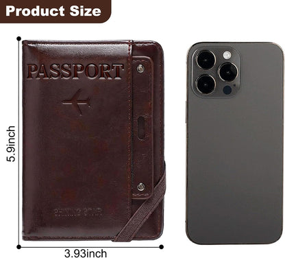 Genuine Leather Passport Holder Cover - RFID Blocking Travel Wallet & Passport Case with Pen Holder, Dual SIM Card Slots & Boarding Pass Pocket for Men & Women,Family Travel Essentials, Retro Style