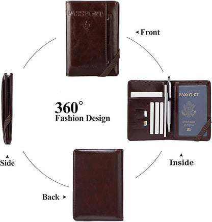 Genuine Leather Passport Holder Cover - RFID Blocking Travel Wallet & Passport Case with Pen Holder, Dual SIM Card Slots & Boarding Pass Pocket for Men & Women,Family Travel Essentials, Retro Style