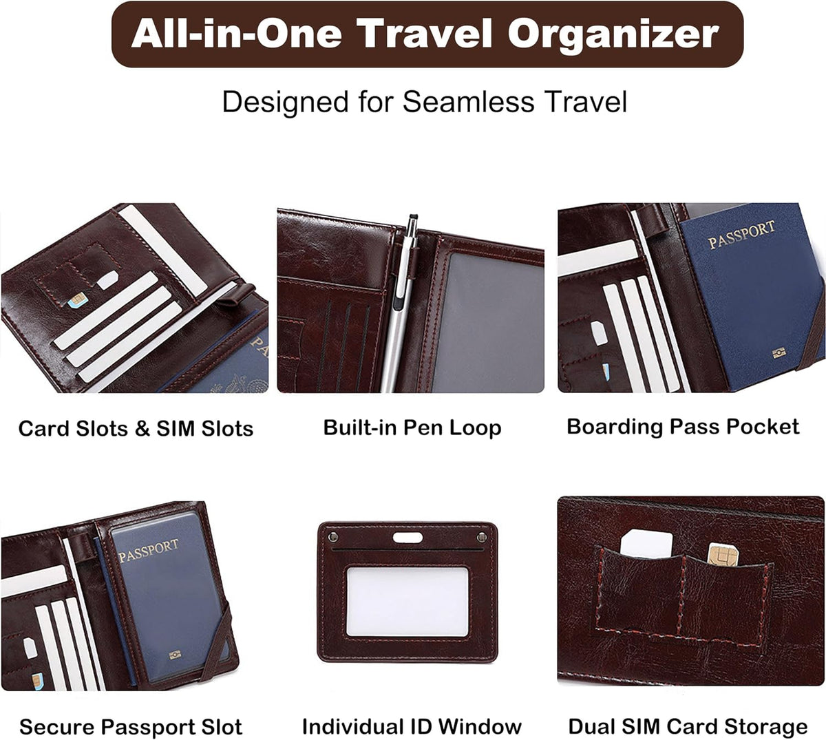 Genuine Leather Passport Holder Cover - RFID Blocking Travel Wallet & Passport Case with Pen Holder, Dual SIM Card Slots & Boarding Pass Pocket for Men & Women,Family Travel Essentials, Retro Style