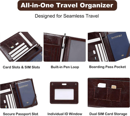 Genuine Leather Passport Holder Cover - RFID Blocking Travel Wallet & Passport Case with Pen Holder, Dual SIM Card Slots & Boarding Pass Pocket for Men & Women,Family Travel Essentials, Retro Style