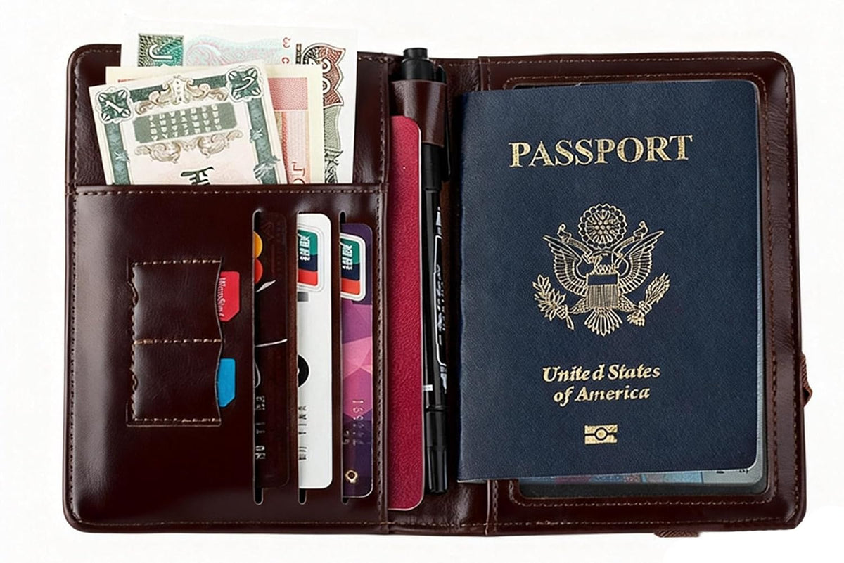 Genuine Leather Passport Holder Cover - RFID Blocking Travel Wallet & Passport Case with Pen Holder, Dual SIM Card Slots & Boarding Pass Pocket for Men & Women,Family Travel Essentials, Retro Style