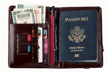 Genuine Leather Passport Holder Cover - RFID Blocking Travel Wallet & Passport Case with Pen Holder, Dual SIM Card Slots & Boarding Pass Pocket for Men & Women,Family Travel Essentials, Retro Style