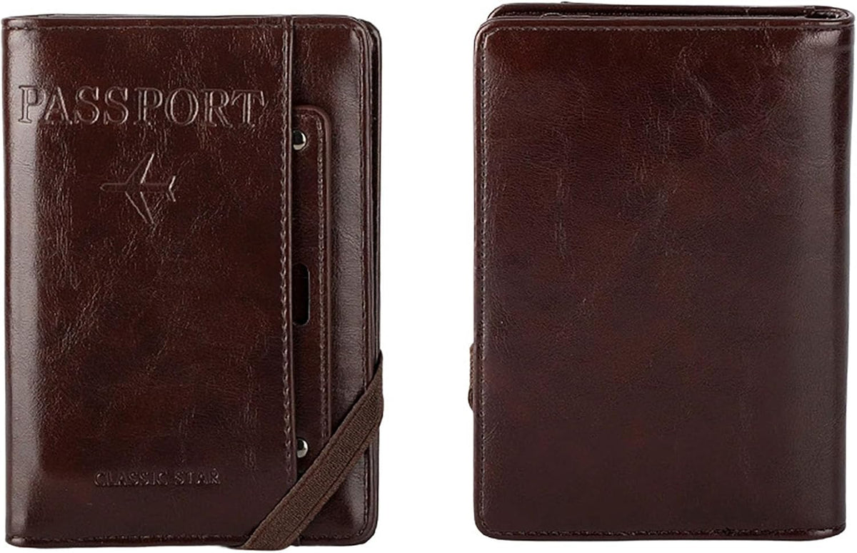 Genuine Leather Passport Holder Cover - RFID Blocking Travel Wallet & Passport Case with Pen Holder, Dual SIM Card Slots & Boarding Pass Pocket for Men & Women,Family Travel Essentials, Retro Style