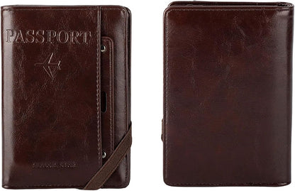 Genuine Leather Passport Holder Cover - RFID Blocking Travel Wallet & Passport Case with Pen Holder, Dual SIM Card Slots & Boarding Pass Pocket for Men & Women,Family Travel Essentials, Retro Style