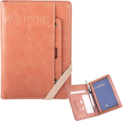 Genuine Leather Passport Holder Cover - RFID Blocking Travel Wallet & Passport Case with Pen Holder, Dual SIM Card Slots & Boarding Pass Pocket for Men & Women,Family Travel Essentials, Retro Style
