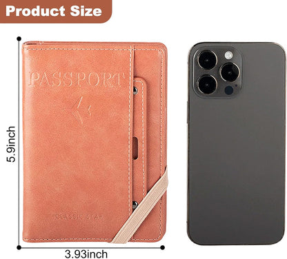 Genuine Leather Passport Holder Cover - RFID Blocking Travel Wallet & Passport Case with Pen Holder, Dual SIM Card Slots & Boarding Pass Pocket for Men & Women,Family Travel Essentials, Retro Style