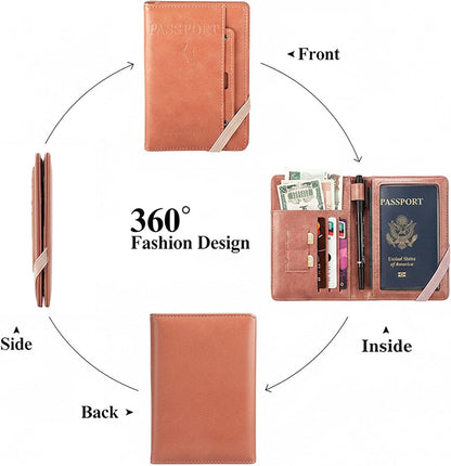 Genuine Leather Passport Holder Cover - RFID Blocking Travel Wallet & Passport Case with Pen Holder, Dual SIM Card Slots & Boarding Pass Pocket for Men & Women,Family Travel Essentials, Retro Style