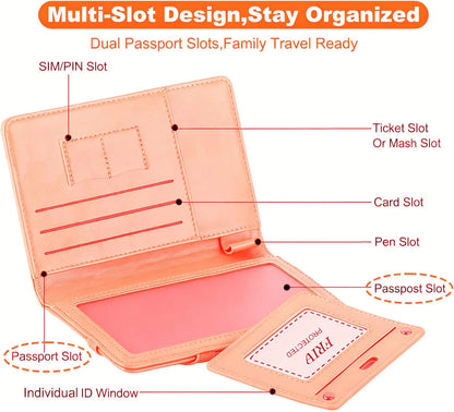Genuine Leather Passport Holder Cover - RFID Blocking Travel Wallet & Passport Case with Pen Holder, Dual SIM Card Slots & Boarding Pass Pocket for Men & Women,Family Travel Essentials, Retro Style