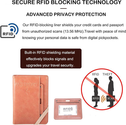 Genuine Leather Passport Holder Cover - RFID Blocking Travel Wallet & Passport Case with Pen Holder, Dual SIM Card Slots & Boarding Pass Pocket for Men & Women,Family Travel Essentials, Retro Style