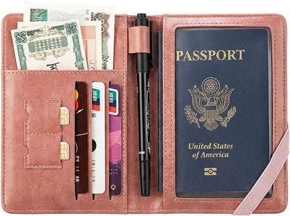 Genuine Leather Passport Holder Cover - RFID Blocking Travel Wallet & Passport Case with Pen Holder, Dual SIM Card Slots & Boarding Pass Pocket for Men & Women,Family Travel Essentials, Retro Style