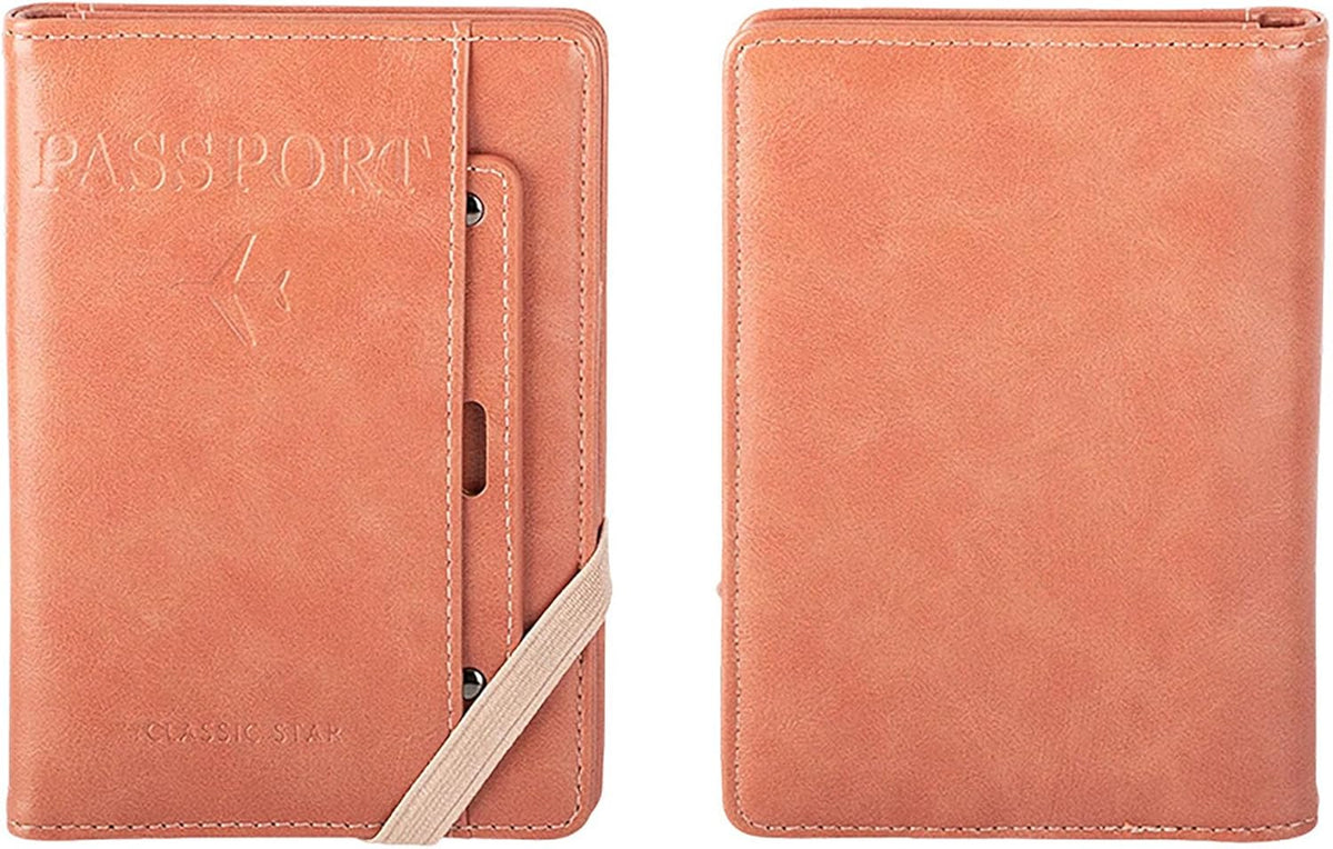Genuine Leather Passport Holder Cover - RFID Blocking Travel Wallet & Passport Case with Pen Holder, Dual SIM Card Slots & Boarding Pass Pocket for Men & Women,Family Travel Essentials, Retro Style