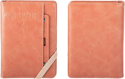 Genuine Leather Passport Holder Cover - RFID Blocking Travel Wallet & Passport Case with Pen Holder, Dual SIM Card Slots & Boarding Pass Pocket for Men & Women,Family Travel Essentials, Retro Style