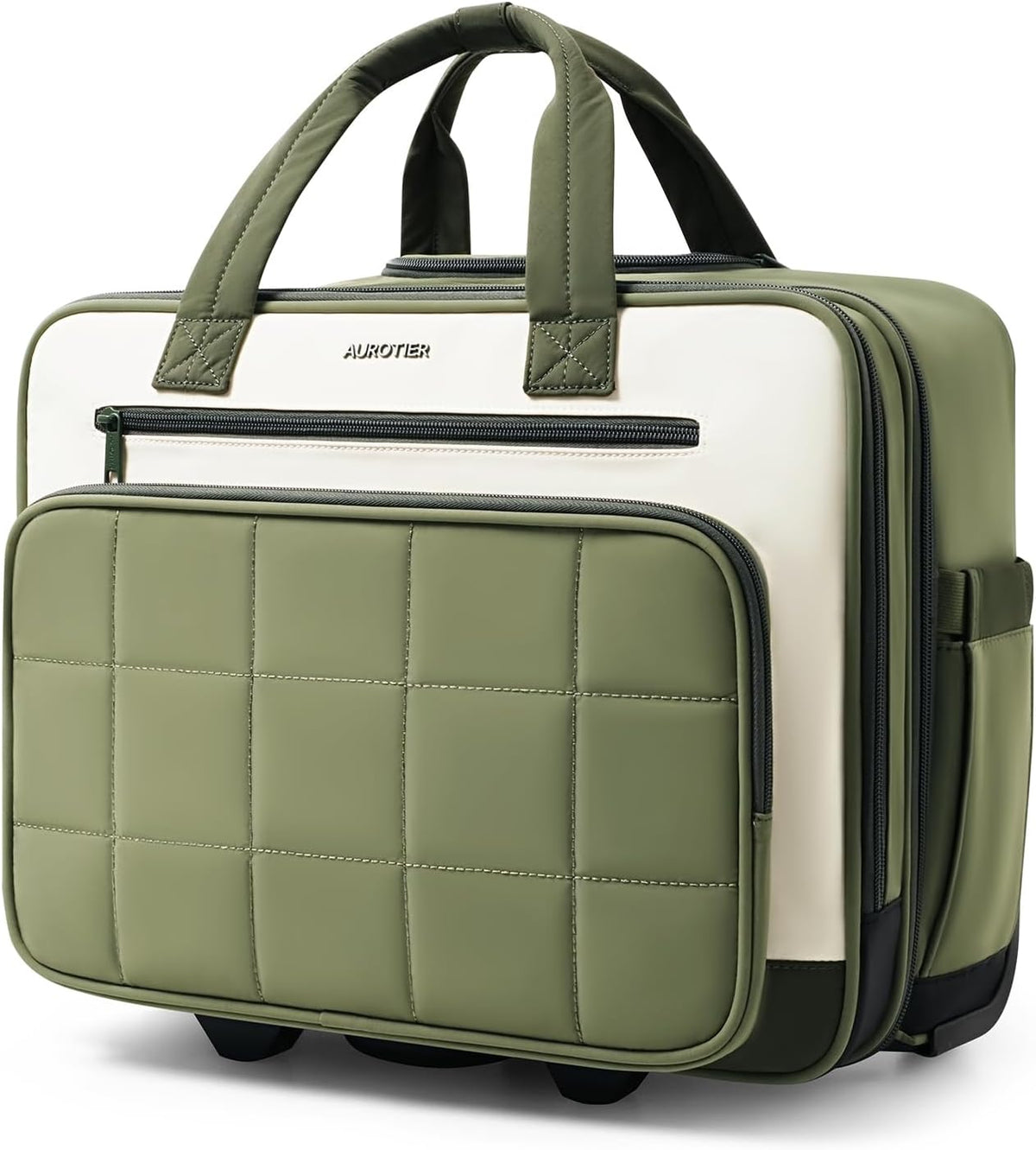 Rolling Puffer Laptop Bag, Rolling Briefcase for Women, Wheeled 16 Inch Computer Bag, Water Resistant Stylish Overnight Underseat Carry On Luggage with Wheels for Work Travel Business, Khaki
