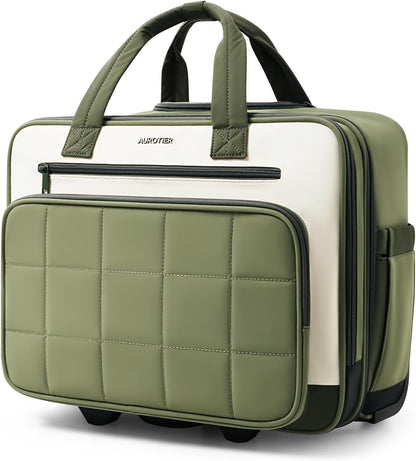 Rolling Puffer Laptop Bag, Rolling Briefcase for Women, Wheeled 16 Inch Computer Bag, Water Resistant Stylish Overnight Underseat Carry On Luggage with Wheels for Work Travel Business, Khaki