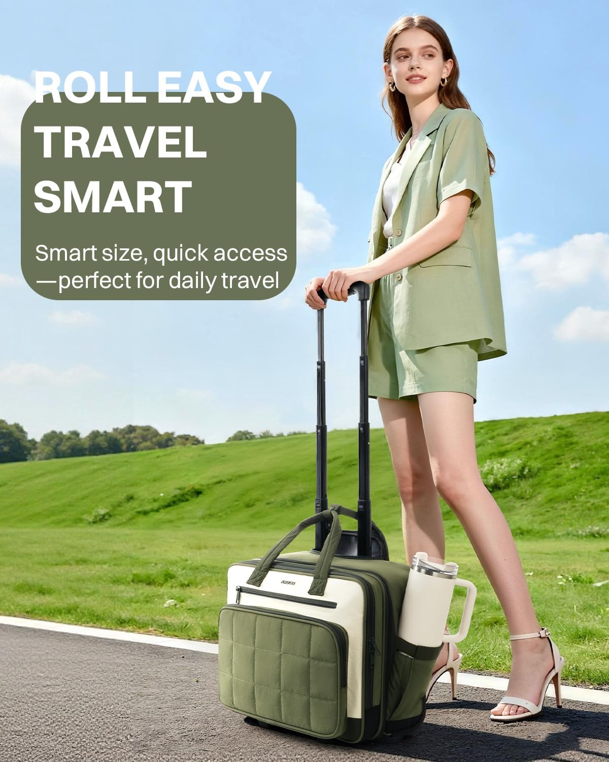 Rolling Puffer Laptop Bag, Rolling Briefcase for Women, Wheeled 16 Inch Computer Bag, Water Resistant Stylish Overnight Underseat Carry On Luggage with Wheels for Work Travel Business, Khaki