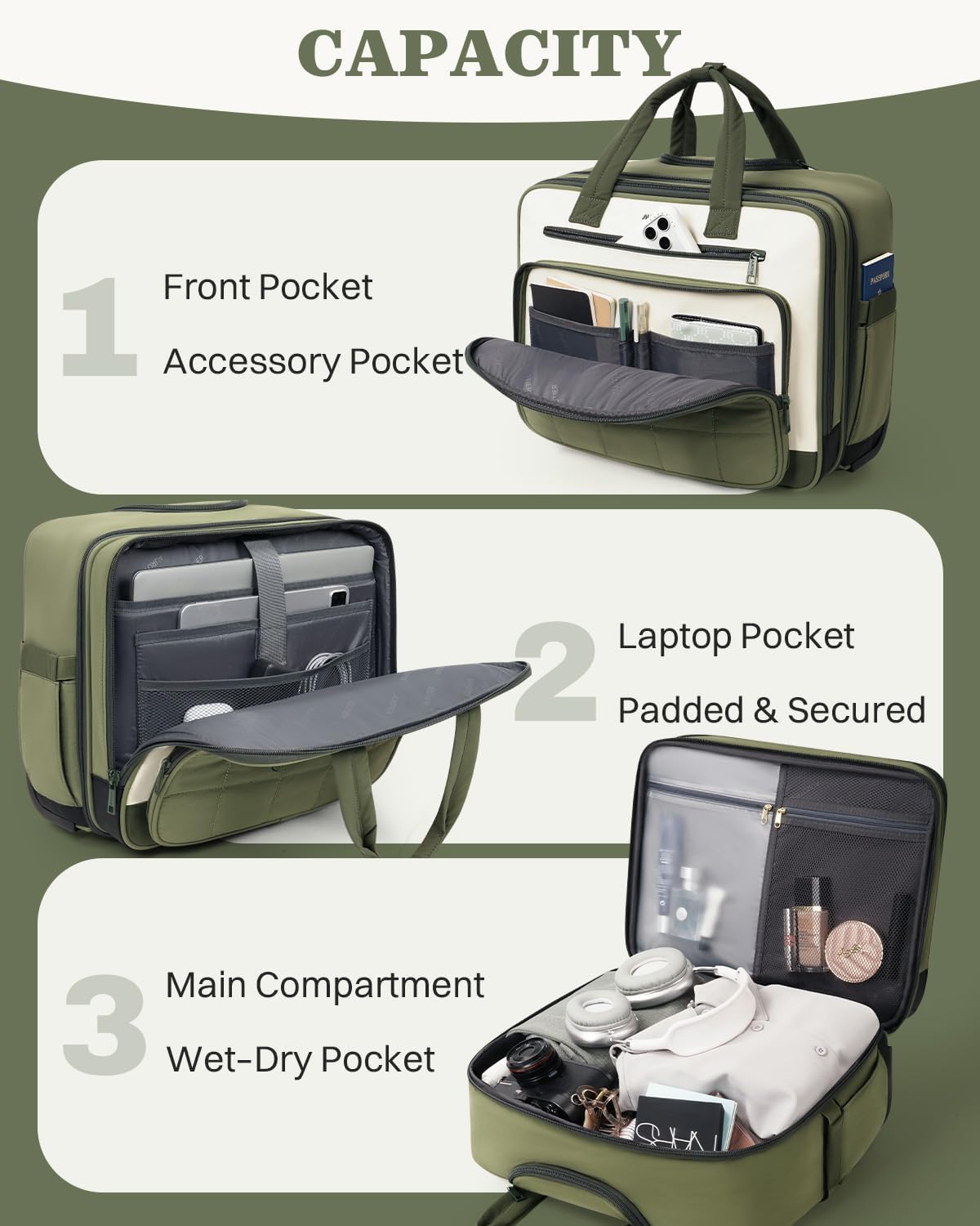 Rolling Puffer Laptop Bag, Rolling Briefcase for Women, Wheeled 16 Inch Computer Bag, Water Resistant Stylish Overnight Underseat Carry On Luggage with Wheels for Work Travel Business, Khaki