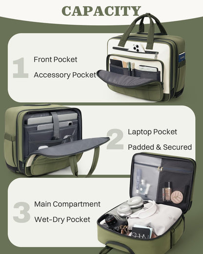 Rolling Puffer Laptop Bag, Rolling Briefcase for Women, Wheeled 16 Inch Computer Bag, Water Resistant Stylish Overnight Underseat Carry On Luggage with Wheels for Work Travel Business, Khaki