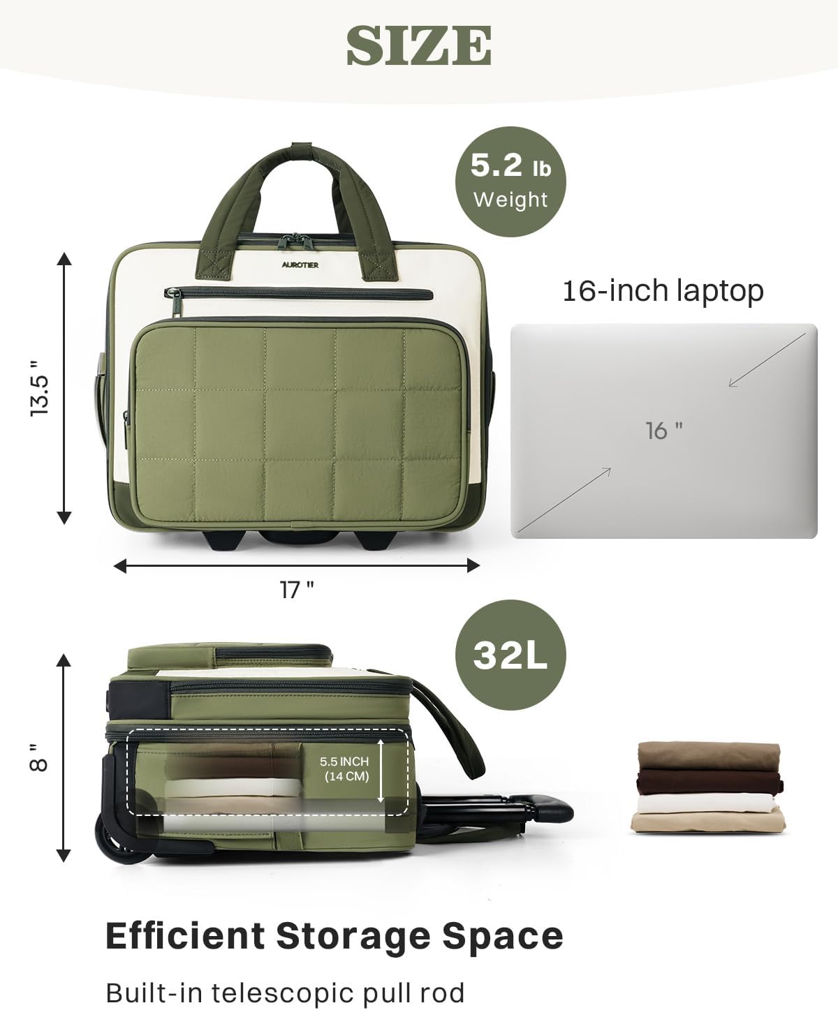 Rolling Puffer Laptop Bag, Rolling Briefcase for Women, Wheeled 16 Inch Computer Bag, Water Resistant Stylish Overnight Underseat Carry On Luggage with Wheels for Work Travel Business, Khaki