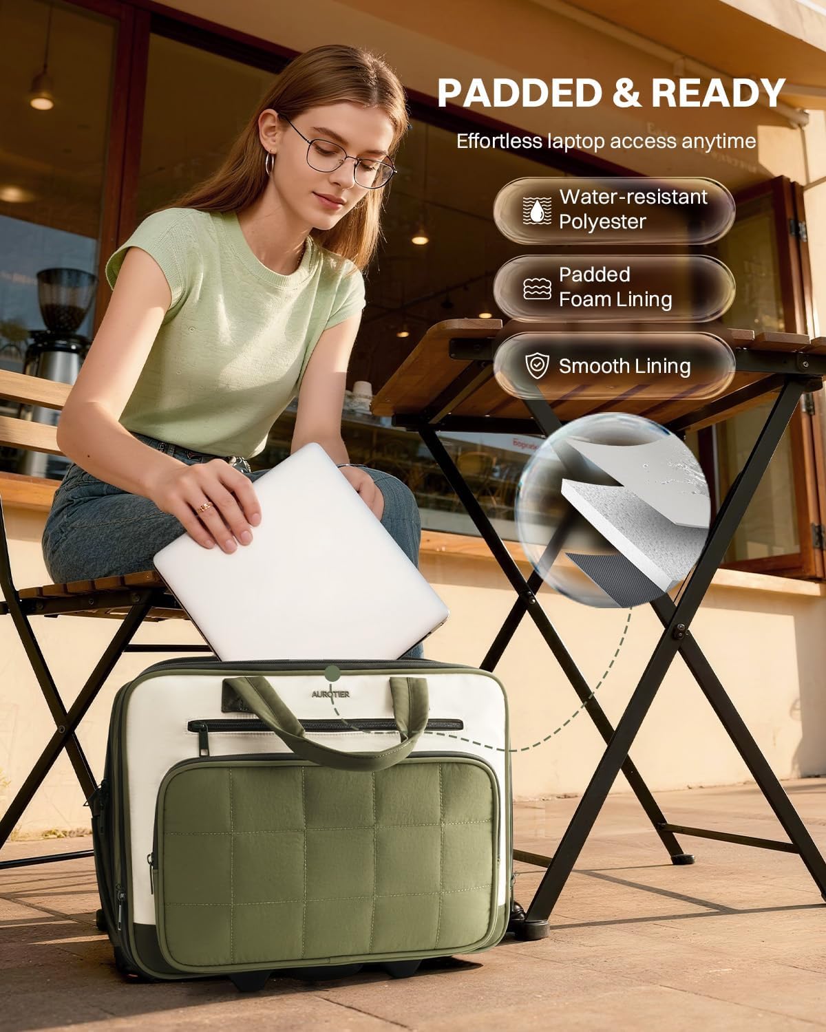 Rolling Puffer Laptop Bag, Rolling Briefcase for Women, Wheeled 16 Inch Computer Bag, Water Resistant Stylish Overnight Underseat Carry On Luggage with Wheels for Work Travel Business, Khaki