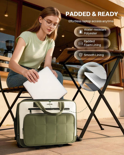 Rolling Puffer Laptop Bag, Rolling Briefcase for Women, Wheeled 16 Inch Computer Bag, Water Resistant Stylish Overnight Underseat Carry On Luggage with Wheels for Work Travel Business, Khaki