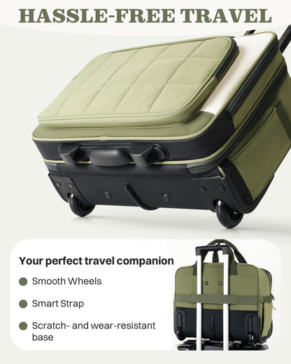 Rolling Puffer Laptop Bag, Rolling Briefcase for Women, Wheeled 16 Inch Computer Bag, Water Resistant Stylish Overnight Underseat Carry On Luggage with Wheels for Work Travel Business, Khaki