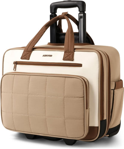 Rolling Puffer Laptop Bag, Rolling Briefcase for Women, Wheeled 16 Inch Computer Bag, Water Resistant Stylish Overnight Underseat Carry On Luggage with Wheels for Work Travel Business, Khaki