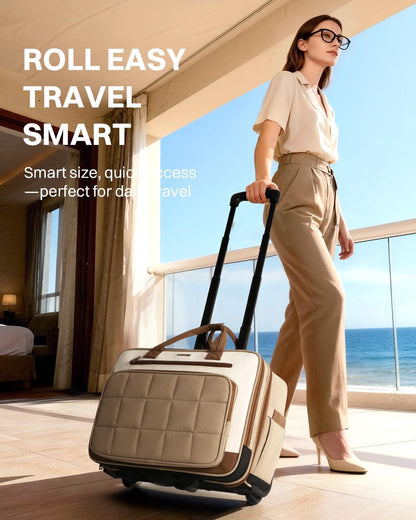Rolling Puffer Laptop Bag, Rolling Briefcase for Women, Wheeled 16 Inch Computer Bag, Water Resistant Stylish Overnight Underseat Carry On Luggage with Wheels for Work Travel Business, Khaki
