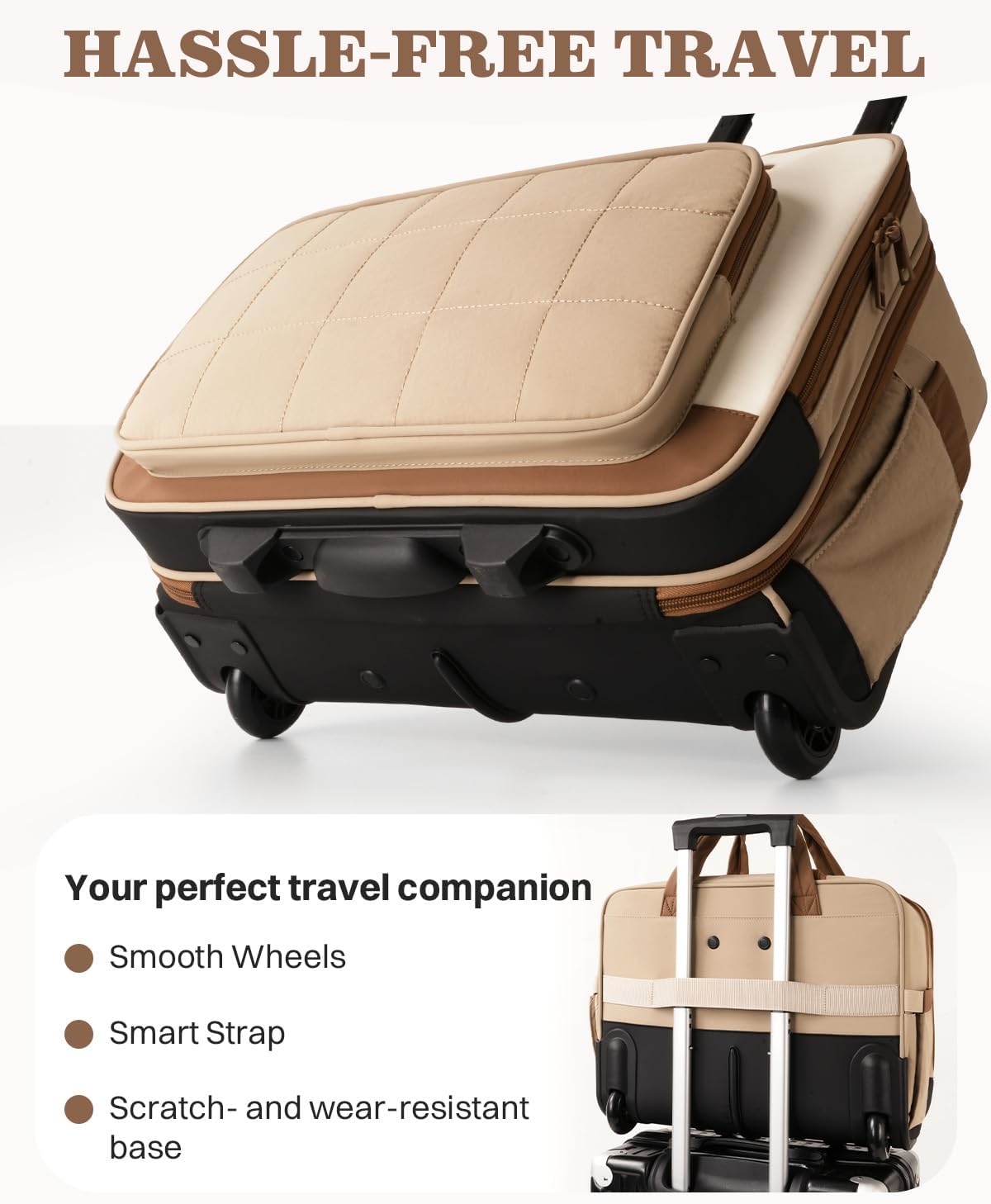 Rolling Puffer Laptop Bag, Rolling Briefcase for Women, Wheeled 16 Inch Computer Bag, Water Resistant Stylish Overnight Underseat Carry On Luggage with Wheels for Work Travel Business, Khaki