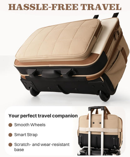 Rolling Puffer Laptop Bag, Rolling Briefcase for Women, Wheeled 16 Inch Computer Bag, Water Resistant Stylish Overnight Underseat Carry On Luggage with Wheels for Work Travel Business, Khaki