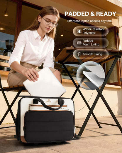 Rolling Puffer Laptop Bag, Rolling Briefcase for Women, Wheeled 16 Inch Computer Bag, Water Resistant Stylish Overnight Underseat Carry On Luggage with Wheels for Work Travel Business, Khaki