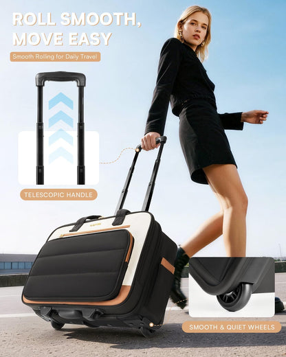 Rolling Puffer Laptop Bag, Rolling Briefcase for Women, Wheeled 16 Inch Computer Bag, Water Resistant Stylish Overnight Underseat Carry On Luggage with Wheels for Work Travel Business, Khaki