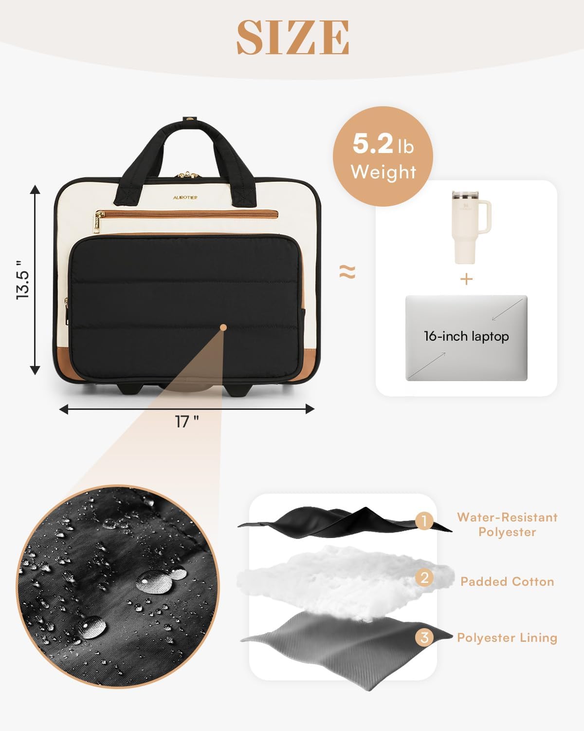 Rolling Puffer Laptop Bag, Rolling Briefcase for Women, Wheeled 16 Inch Computer Bag, Water Resistant Stylish Overnight Underseat Carry On Luggage with Wheels for Work Travel Business, Khaki