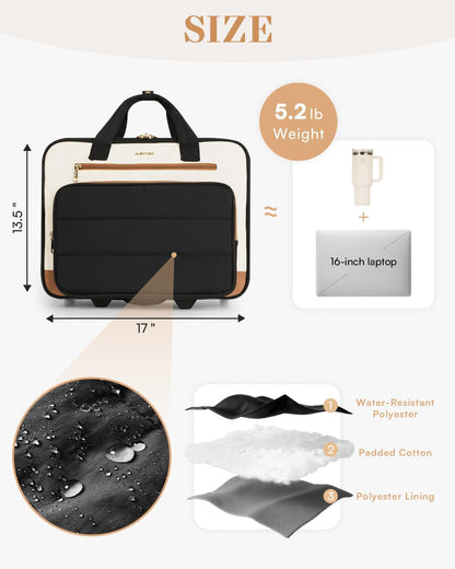 Rolling Puffer Laptop Bag, Rolling Briefcase for Women, Wheeled 16 Inch Computer Bag, Water Resistant Stylish Overnight Underseat Carry On Luggage with Wheels for Work Travel Business, Khaki