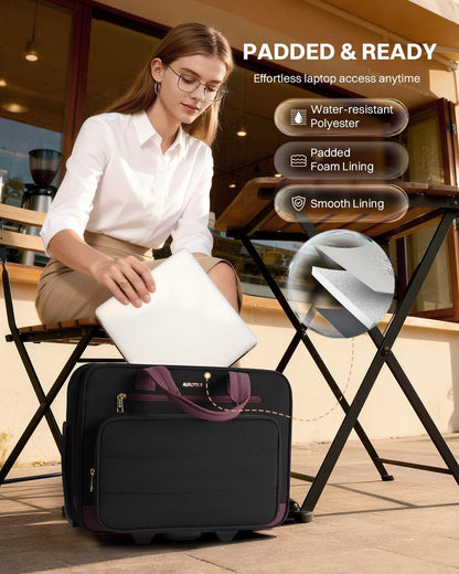 Rolling Puffer Laptop Bag, Rolling Briefcase for Women, Wheeled 16 Inch Computer Bag, Water Resistant Stylish Overnight Underseat Carry On Luggage with Wheels for Work Travel Business, Khaki