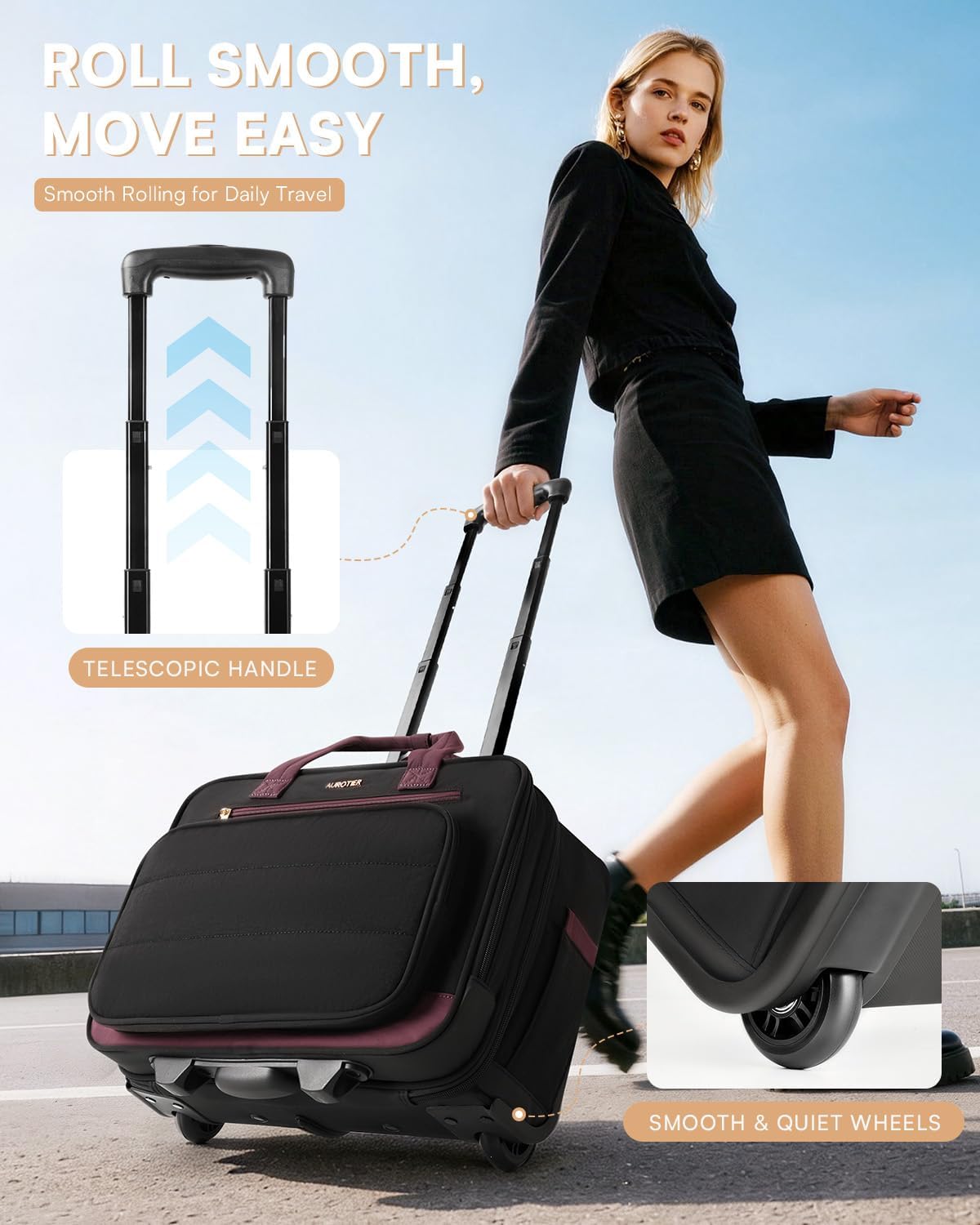 Rolling Puffer Laptop Bag, Rolling Briefcase for Women, Wheeled 16 Inch Computer Bag, Water Resistant Stylish Overnight Underseat Carry On Luggage with Wheels for Work Travel Business, Khaki