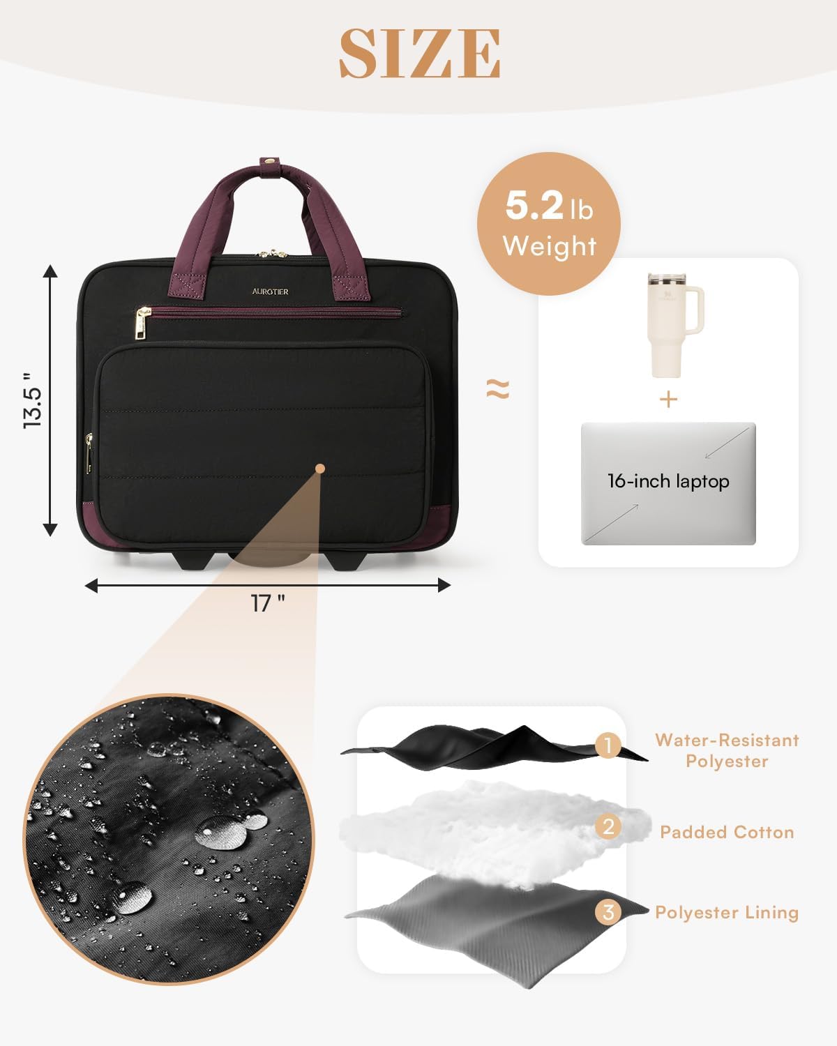 Rolling Puffer Laptop Bag, Rolling Briefcase for Women, Wheeled 16 Inch Computer Bag, Water Resistant Stylish Overnight Underseat Carry On Luggage with Wheels for Work Travel Business, Khaki