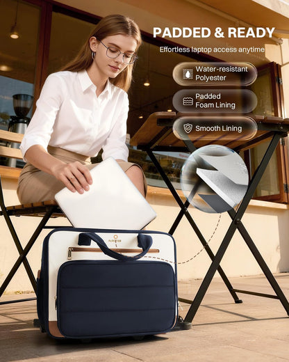 Rolling Puffer Laptop Bag, Rolling Briefcase for Women, Wheeled 16 Inch Computer Bag, Water Resistant Stylish Overnight Underseat Carry On Luggage with Wheels for Work Travel Business, Khaki