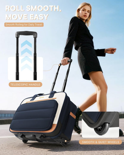 Rolling Puffer Laptop Bag, Rolling Briefcase for Women, Wheeled 16 Inch Computer Bag, Water Resistant Stylish Overnight Underseat Carry On Luggage with Wheels for Work Travel Business, Khaki