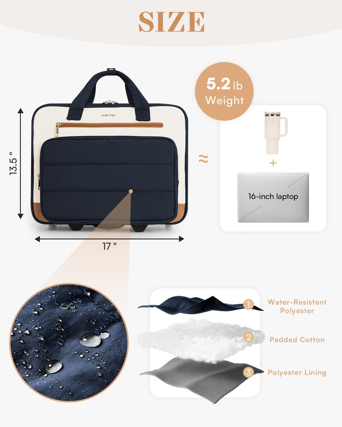 Rolling Puffer Laptop Bag, Rolling Briefcase for Women, Wheeled 16 Inch Computer Bag, Water Resistant Stylish Overnight Underseat Carry On Luggage with Wheels for Work Travel Business, Khaki