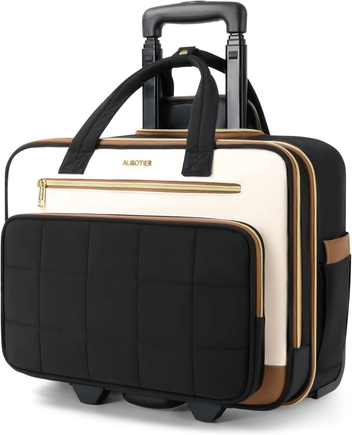 Rolling Puffer Laptop Bag, Rolling Briefcase for Women, Wheeled 16 Inch Computer Bag, Water Resistant Stylish Overnight Underseat Carry On Luggage with Wheels for Work Travel Business, Khaki