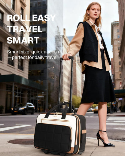 Rolling Puffer Laptop Bag, Rolling Briefcase for Women, Wheeled 16 Inch Computer Bag, Water Resistant Stylish Overnight Underseat Carry On Luggage with Wheels for Work Travel Business, Khaki