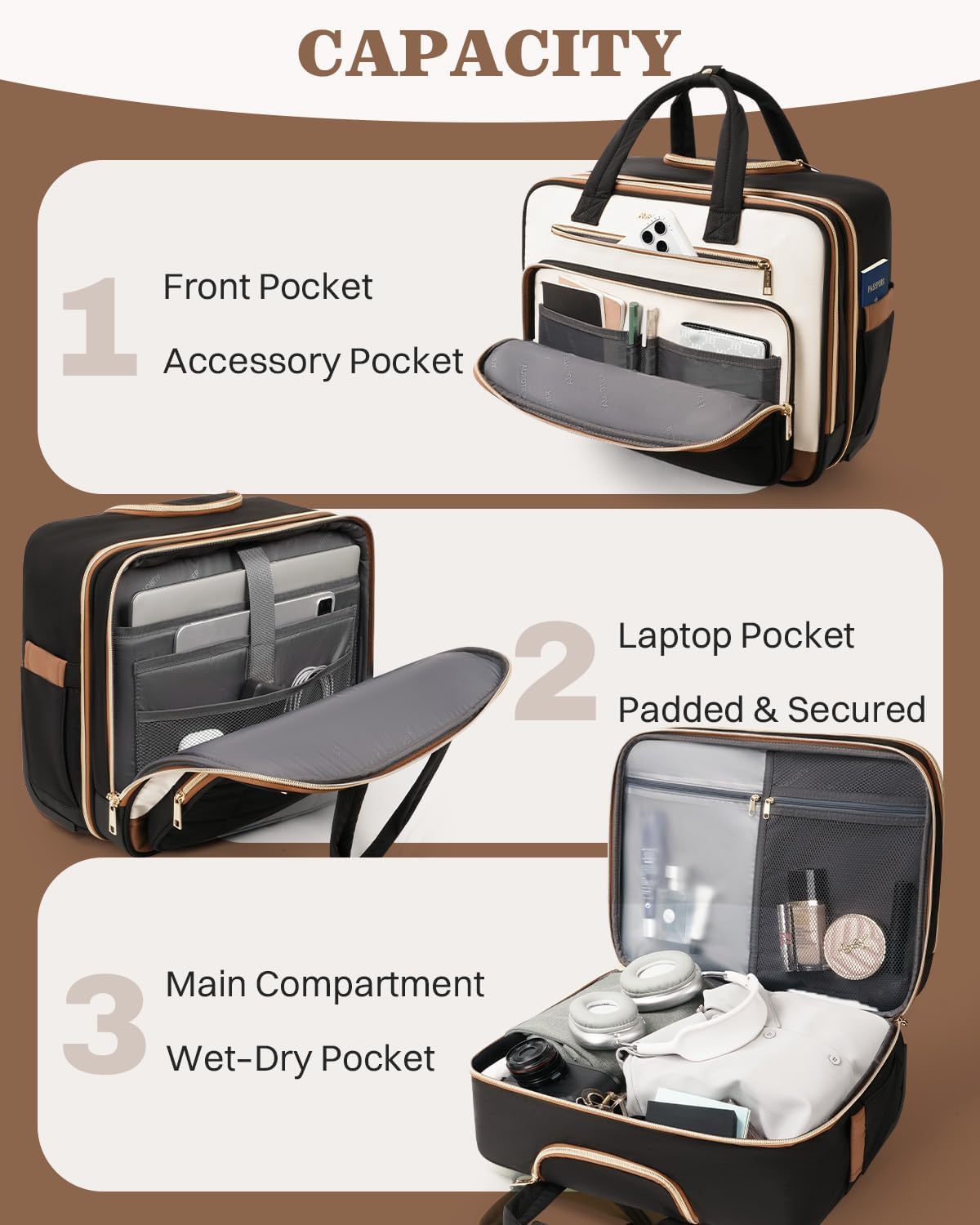 Rolling Puffer Laptop Bag, Rolling Briefcase for Women, Wheeled 16 Inch Computer Bag, Water Resistant Stylish Overnight Underseat Carry On Luggage with Wheels for Work Travel Business, Khaki