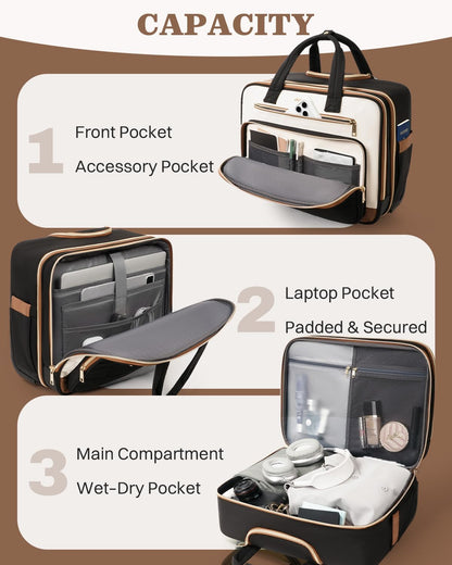 Rolling Puffer Laptop Bag, Rolling Briefcase for Women, Wheeled 16 Inch Computer Bag, Water Resistant Stylish Overnight Underseat Carry On Luggage with Wheels for Work Travel Business, Khaki