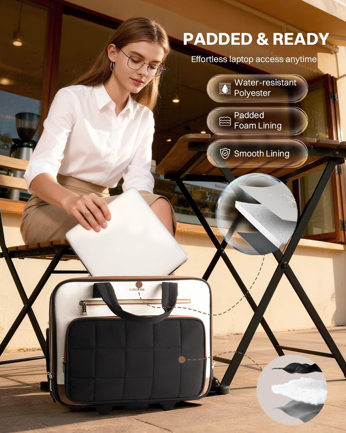 Rolling Puffer Laptop Bag, Rolling Briefcase for Women, Wheeled 16 Inch Computer Bag, Water Resistant Stylish Overnight Underseat Carry On Luggage with Wheels for Work Travel Business, Khaki