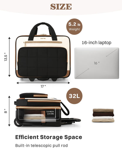 Rolling Puffer Laptop Bag, Rolling Briefcase for Women, Wheeled 16 Inch Computer Bag, Water Resistant Stylish Overnight Underseat Carry On Luggage with Wheels for Work Travel Business, Khaki