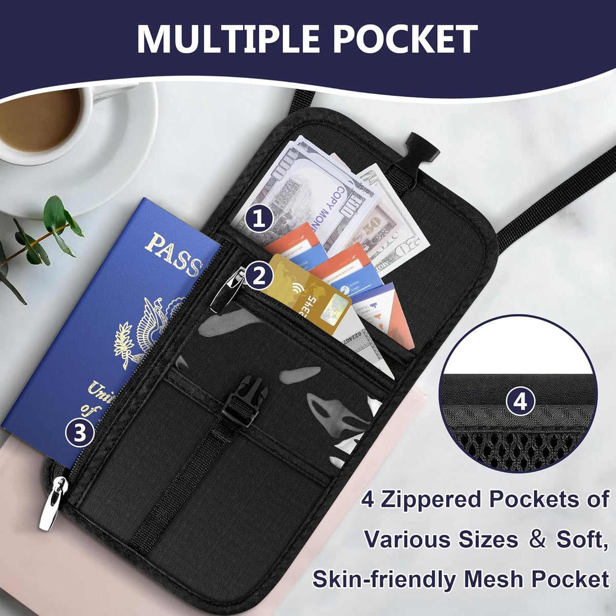 Likesing 5.5" L x 7.9" W Travel Neck Wallet, RFID Passport Pouch(Dark Grey) | RFID Blocking Passport Holder for Travel, Security Lightweight Passport Travel Wallet, Neck Pouch Gifts for Women Men